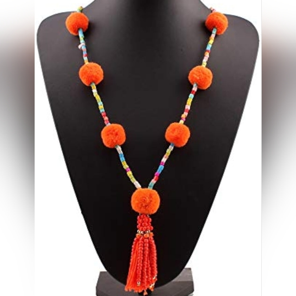 Long Chain Chunky Bead Tassel Pendant Necklace Colorful Pom Pom Statement